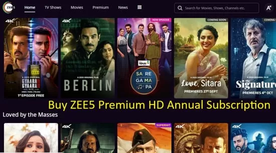 Buy and Compare Zee5 Annual HD and 4K Premium Subscription, Zee5 OTT Subscription Offer, exclusive coupon, Watch Web Series, 90+ Live TV channels, Movies