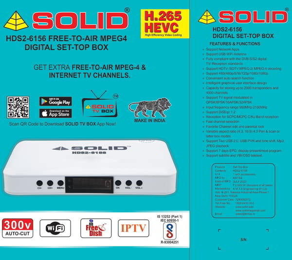 Buy Solid HDS2-6156 Free-To-Air HEVC 10 bits MPEG-4 Set-Top Box for DD Free dish and Srilanka Freesat TV channels