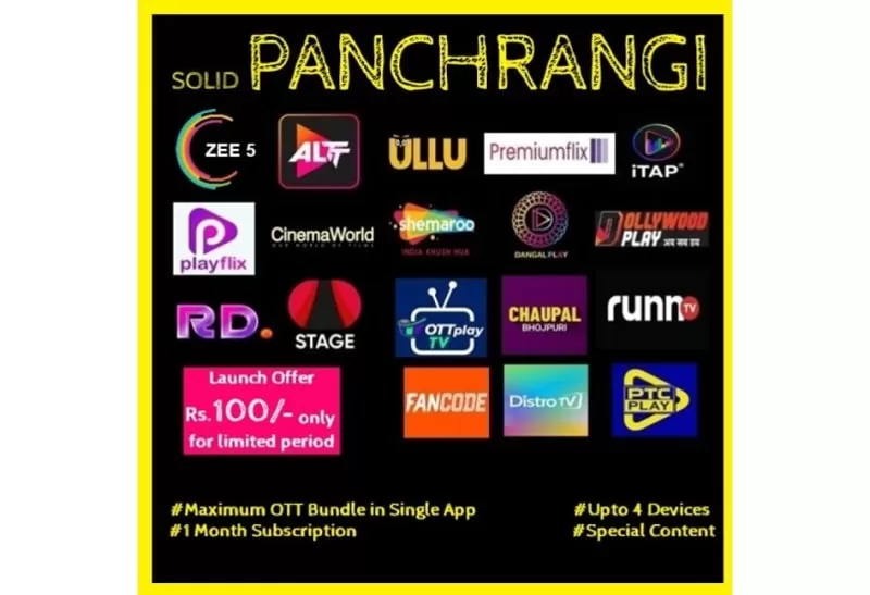 Buy and Subscribe to SOLID PANCHRANGI Bundle OTT Monthly Pack, which offers a ton of entertainment options with Zee5 Premium, Ullu, Alt Balaji, Primeflix, Hotshots, Flizmovies, Ullu, and Kooku App. Get Coupon or Promocode