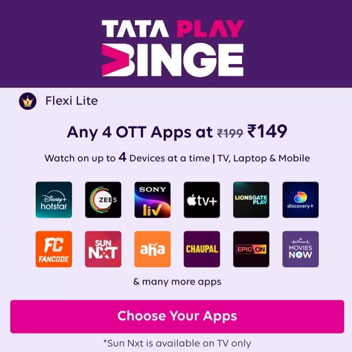 Compare OTT Packs online, Special offers, discounts. Tata Play Binge Flexi Lite Plan details, Tata Play Binge Lite features, OTT List in OTT Bundle packs.