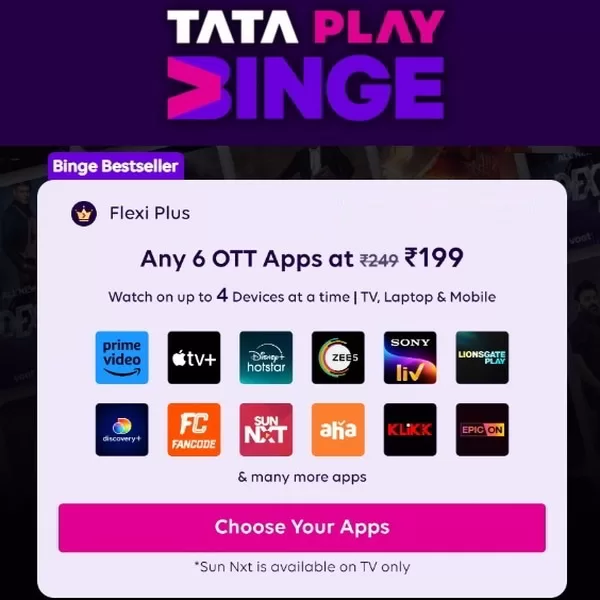 Get Tata Play Binge Flexi Plus Plan details, Tata Play Binge Plus features in Tata Play OTT Bundle packs. You can find other tata play binge plus ott plans on Marginbaba.