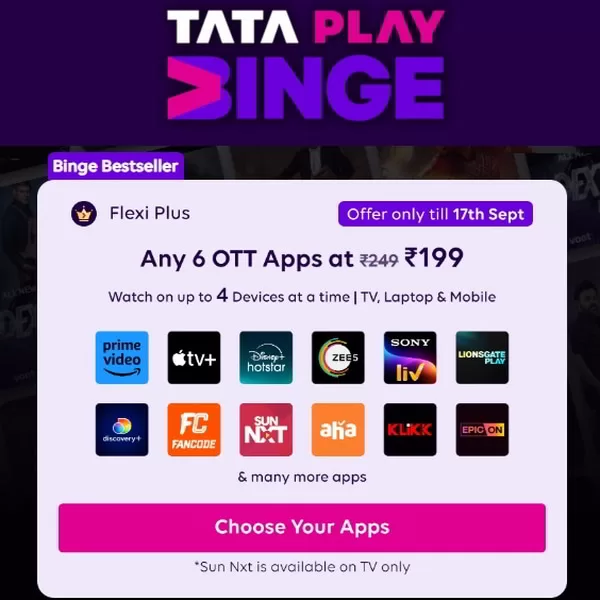 Get Tata Play Binge Flexi Plus Plan details, Tata Play Binge Plus features in Tata Play OTT Bundle packs. You can find other tata play binge plus ott plans on Marginbaba.