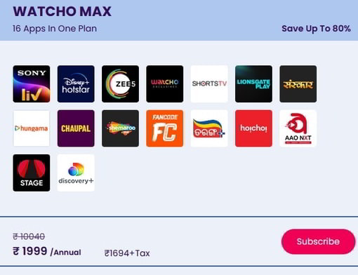 Buy Watcho Max Yearly OTT Bundle Subscription Pack and Enjoy 16 most popular OTT platforms for a year. Get Sony Liv