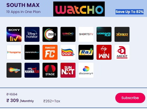 Get Coupon or Offers for Watcho South Max Monthly Pack. Get Instant Discount. Subscribe 19 OTT platforms in Single Subscription