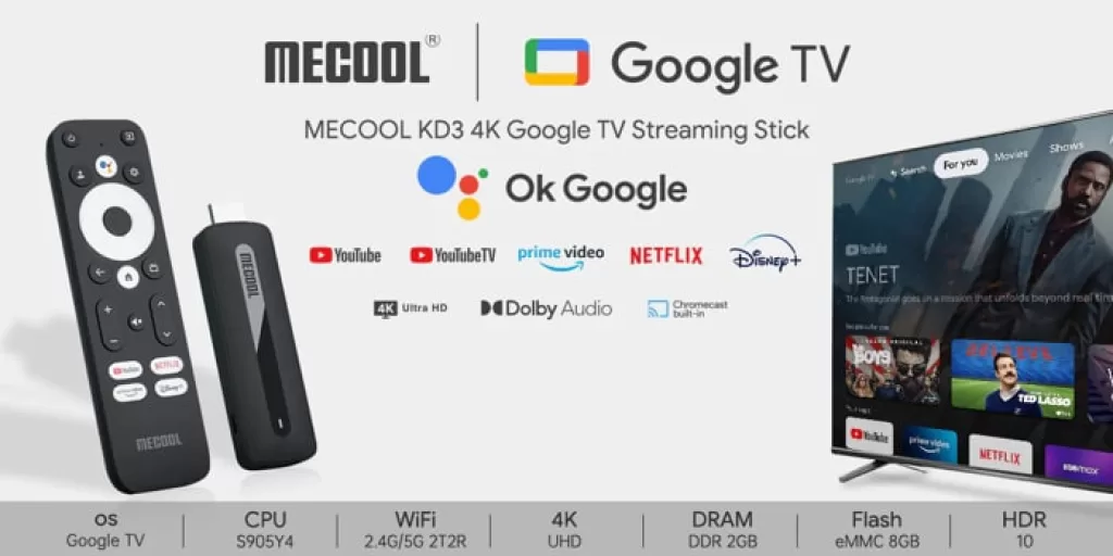 MeCool KD3 Google Netflix Certified 5G 4K TV Stick, Supports Netflix 4K streaming, offering instant access to AV1 encoded and 4K HDR content